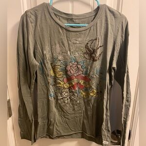 Jakes Dry Goods XL Top Juniors Rhinestone Shirt Long Sleeve Army Green